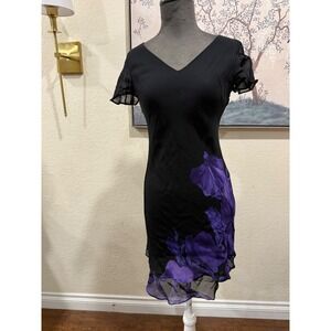 Donna Ricco vtg New York Black Purple Floral V-Neck Ruffle Hem Dress Petite 4P